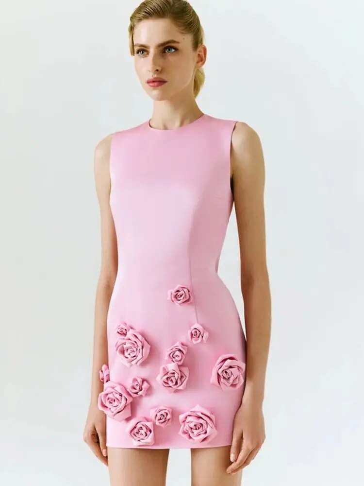 Pink 3D Flower Short Party Dress