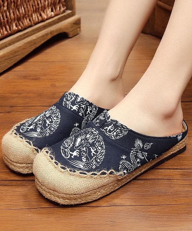 Comfy Navy Print Linen Fabric Slippers Shoes