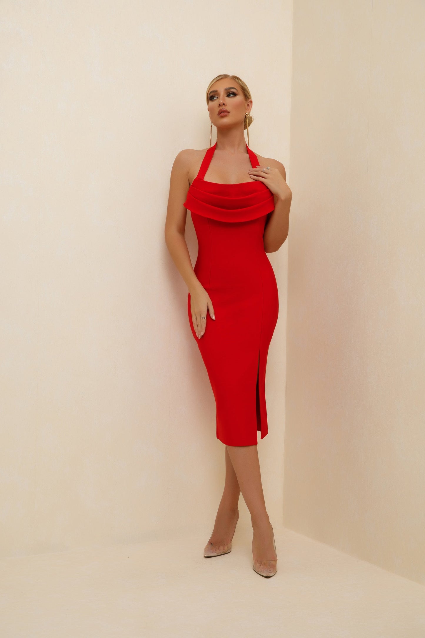 Elegant Red Halter Midi Dress